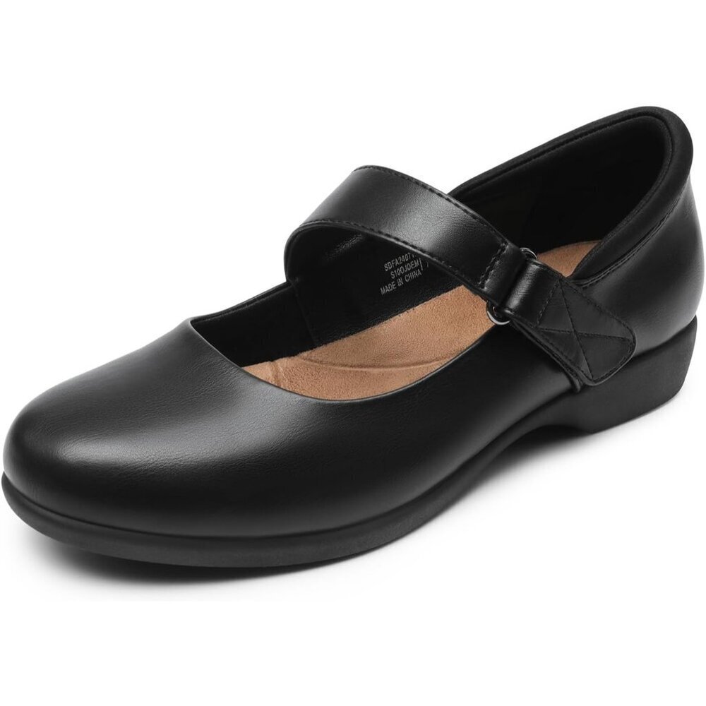 Dream Pairs Women's Black Leather Ankle Strap and Arch Support Ballet Flats